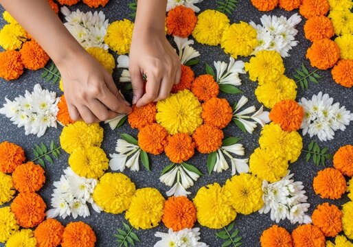 Woman hands arranging flower decorations for a rangoli design. Festive traditional adornment for celebration and cultural event.