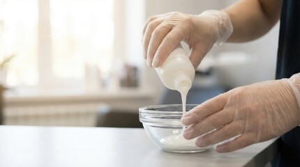 Hairdresser in gloves pouring hair dye or developer from a bottle into a glass bowl to mix the color.
