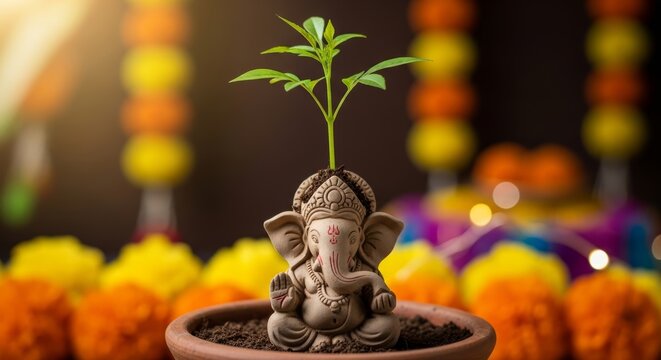Ganesha idol with green plant sprouting from head. Eco friendly Ganesh Chaturthi celebration. Hindu deity with new life.