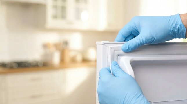 Technician in blue gloves inspecting and replacing the rubber gasket on a refrigerator door for a proper seal.
