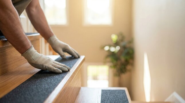 Man in work gloves applying black anti-slip safety tape treads to wooden stairs to prevent falls.