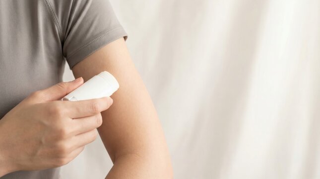 Person applying a white roll-on product, such as insect repellent or pain relief balm, to their arm.