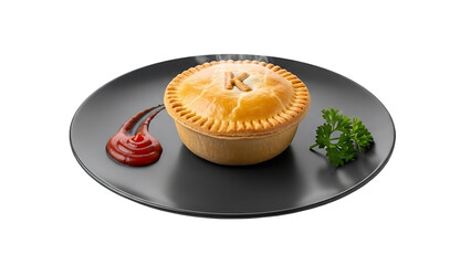 Savory Pie on Black Plate: A freshly baked pie, served on a sleek black plate, accompanied by a swirl of tangy red sauce and a sprig of fresh herbs, evoking a sense of culinary delight.