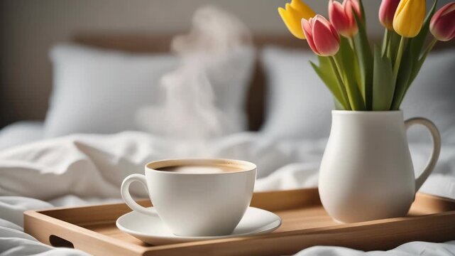 Steaming hot coffee cup and tulip flowers on wooden tray in bed for cozy morning breakfast