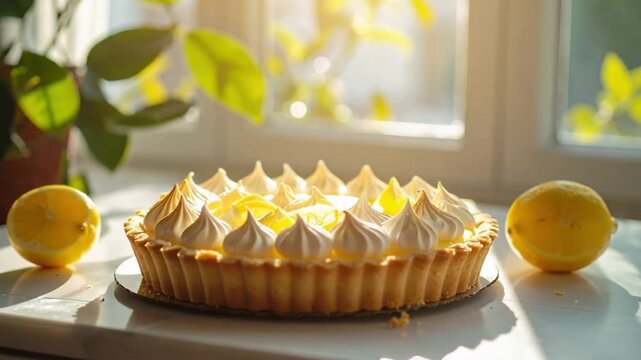 Delicious Lemon Meringue Pie with Fresh Lemons in Sunny Kitchen