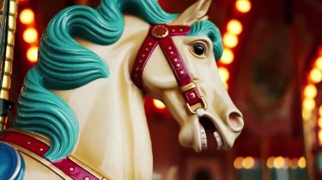 Nostalgic close-up of an ornate carousel horse with a vibrant turquoise mane and golden accents