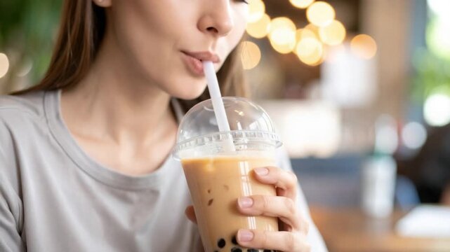 Young woman enjoying a refreshing bubble tea with tapioca pearls in a cafe