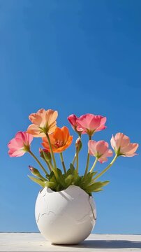 Vibrant pink and orange spring flowers blooming in white cracked egg vase against bright clear blue sky, fresh easter concept
