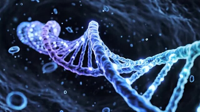 Abstract 3D DNA Double Helix Animation with Glowing Particles and Cells in Blue and Purple Tones