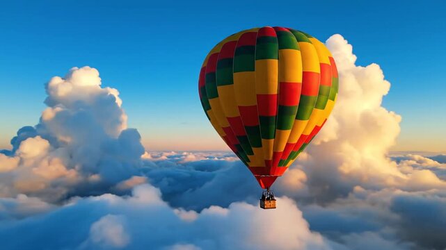 Colorful Hot Air Balloon Soaring Above Fluffy Clouds at Sunrise, Peaceful Sky Adventure