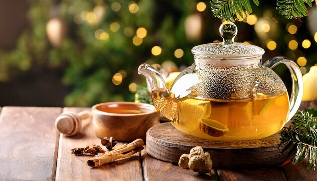 Christmas Inspired Tea Display With Aromatic Ginger Tea And Honey In A Glass Teapot On A Decorated Table
