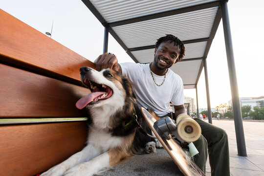 Man petting dog on bench with skateboard