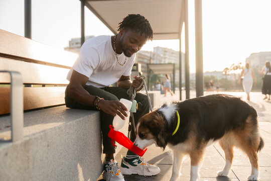 Man giving water to dog during afternoon walk