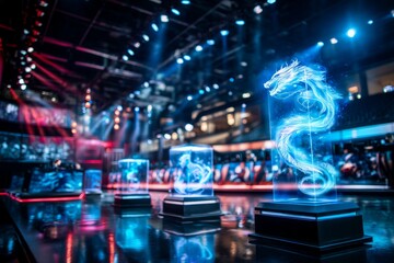 Surreal Darkly Themed Esports Arena with Holographic Dragon Display