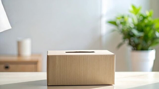 Hand pulling white tissue from a brown cardboard box for hygiene