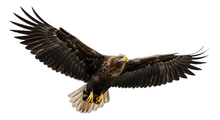 Obraz premium A majestic eagle soars gracefully through the air, wings spread wide, showcasing its freedom and power, isolated on transparent background