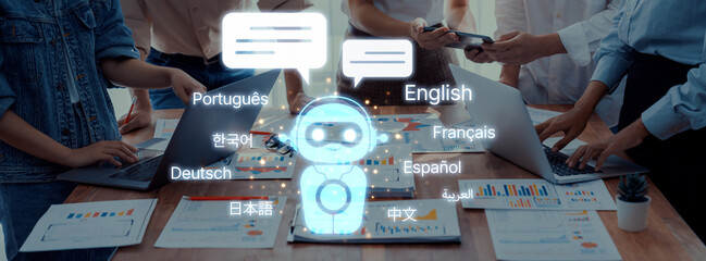 A diverse team works together in a modern office using chatbot technology to enhance communication...