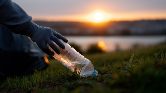 environmental cleanup at a riverside park during golden-hour sunset, low ground-level perspective with a dramatic wide feel, hero focus on a gloved hand in the extreme foreground g