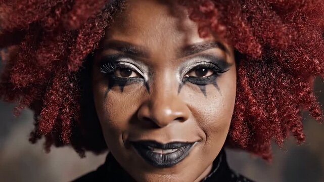 Close-up portrait of an African American woman with vibrant red curly hair and dramatic clown makeup