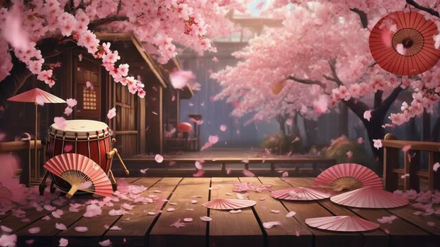Traditional Japanese Garden with Sakura and Taiko Drum Generative AI
