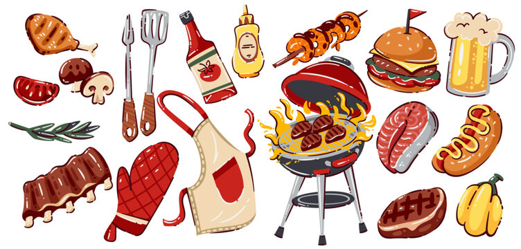 BBQ grill food set with burgers, steaks, sausages, skewers, ribs, beer mug, sauces, apron, tools and charcoal grill. BBQ elements in bold cartoon outline style, vector illustration.