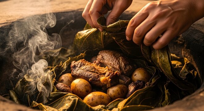 Hangi Feast: An intimate perspective captures the skillful hands of a cook unveiling a traditional hangi feast, revealing succulent meat and tender vegetables. A culinary heritage of a culture.