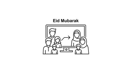 Fototapeta premium Happy Muslim Family Watching Television Together for Eid Mubarak Celebration, Cozy Indoor Activity, Line Art Outline