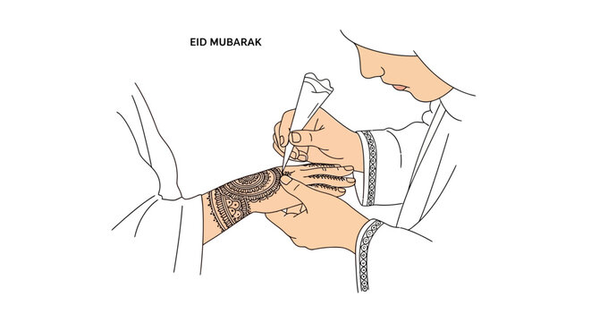 Woman's hands applying traditional henna mehndi art for Eid celebration on isolated white background.