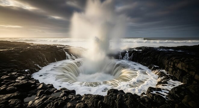 Coastal Spectacle: Capturing the raw power of nature as ocean water surges explosively through a rocky inlet, creating a mesmerizing display of spray and foam.