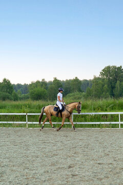 Equestrian rider trotting on horseback in outdoor riding arena