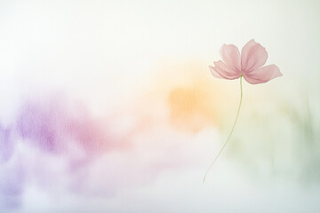 Obraz premium Tender pink flower on a purple, soft peach, down to a whisper of sage green background. Watercolor illustration. Place for text.
