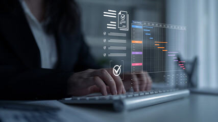 A project management dashboard for business. The interface features a Gantt chart to visualize the...