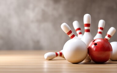Closeup of Polished Bowling Balls and Pins on Wooden Surface