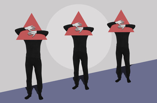 Collage with a three standing men covers his face with a red triangles