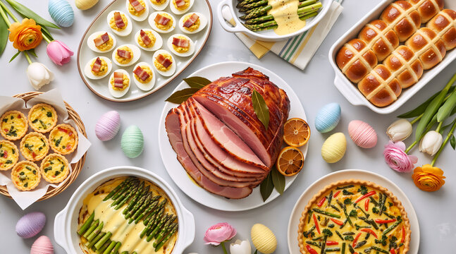 Top view of a traditional Easter dinner feast with glazed ham and side dishes. Holiday food flat lay