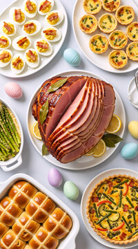 Traditional Easter dinner feast flat lay with glazed ham and side dishes. Festive holiday meal table top view