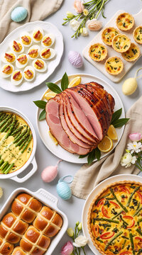 Festive Easter holiday dinner table flat lay with roasted ham and appetizers. Traditional spring feast top view