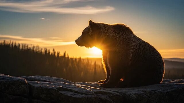 Majestic bear silhouetted against a beautiful golden sunset sky in the wilderness.