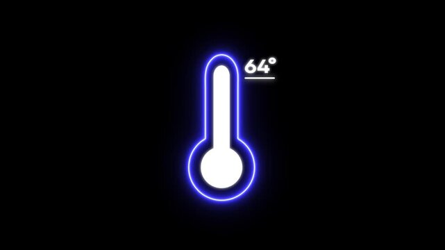 Glowing Blue Thermometer with Temperature Reading 64 Degrees on Black Background neon