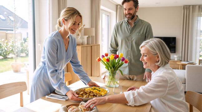 Woman serving Easter meal to senior family member. Young lady in blue dress offering food platter at a festive table with tulips. Happy family gathering for spring holiday celebration