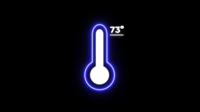 Glowing blue thermometer with temperature 73 degrees on black background neon weather