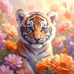 Baby-Tiger im pastelligen Bl&uuml;tenmeer
