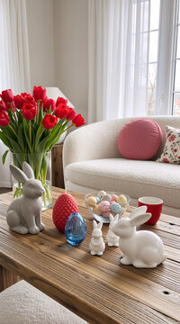 Vertical close up of Easter table setting with red tulips. Bunny figurines and eggs in modern home interior