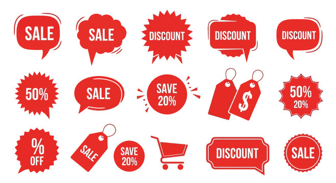 Collection of red sale and discount badges for promotional design elements