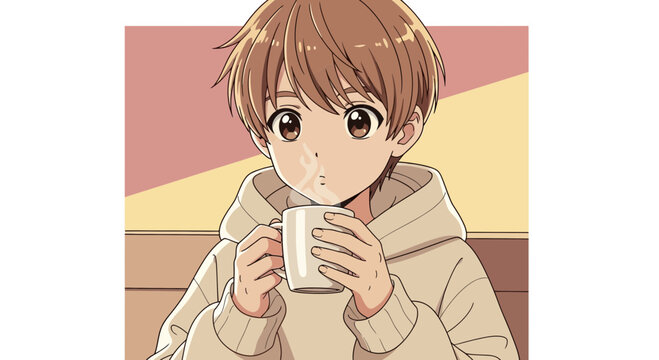 Young Anime Boy Drinking from Mug.