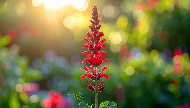 Vibrant red flower blooming in a sunlit garden with beautiful bokeh.