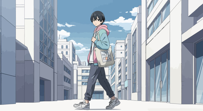 Young Anime Character Walking in City Street.