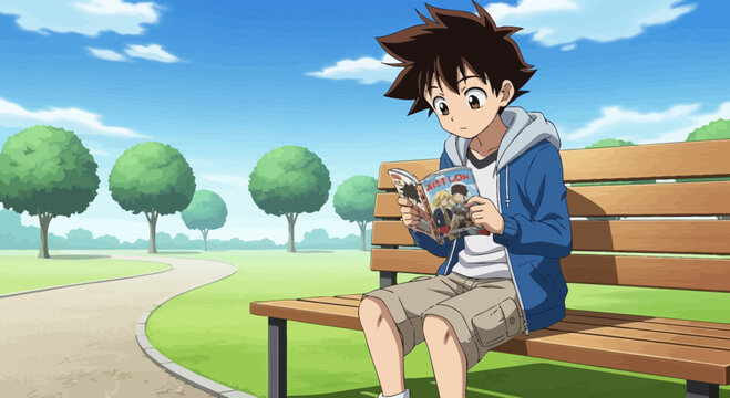 Young Anime Boy Sitting on Bench.