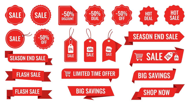 Collection of red sale badges ribbons and tags for promotional offers