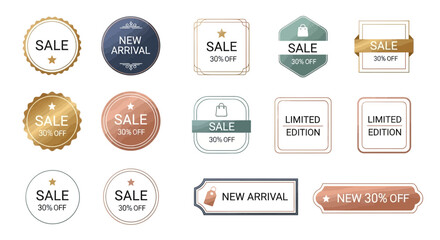 Collection of sale and promotion badges and labels on white background